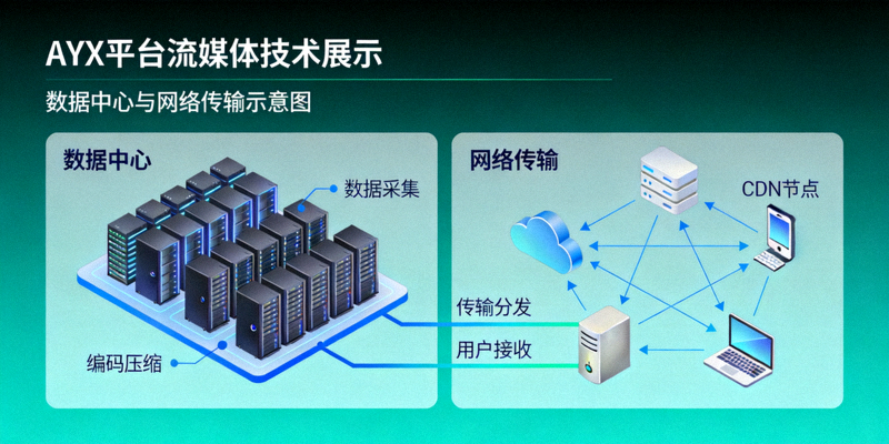 AYX平台流媒体技术展示 - 数据中心与网络传输示意图