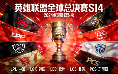英雄联盟全球总决赛S14宣传视觉图 - 各赛区代表队旗帜与召唤师奖杯