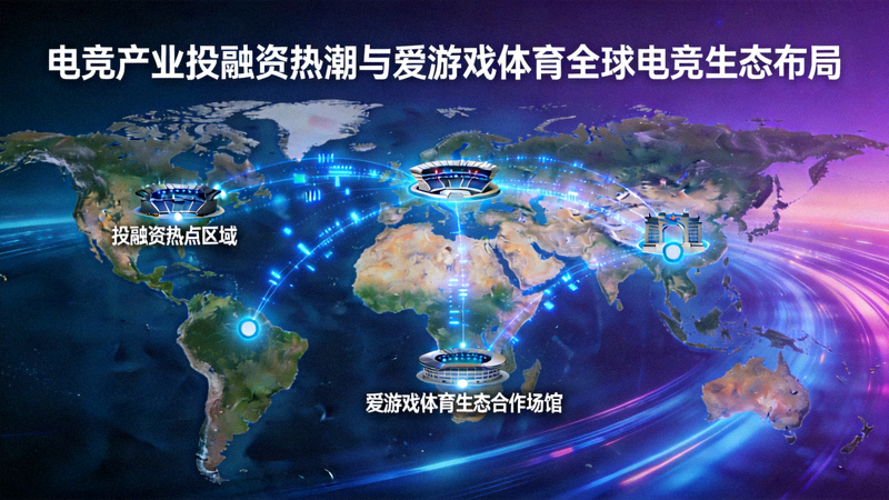 电竞产业投融资热潮与爱游戏体育全球电竞生态布局概念图 - 包含世界地图、数据流和电竞场馆